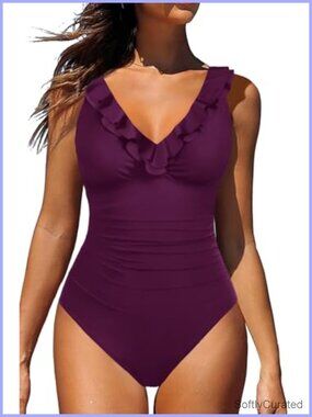Tummy Control One Piece Swimsuit Ruffle V Neck Monokini